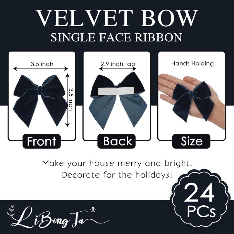 LiBongTa 3.5" Navy Blue Bows Velvet Ribbon Bow with Self Adhesive, Small Gift Bows Decor, Dark Blue Christmas Bows for Treat Bag, Candy Pop, Basket, Party Favor, Craft Bow for Gift Wrapping-24 PCs - Image 2
